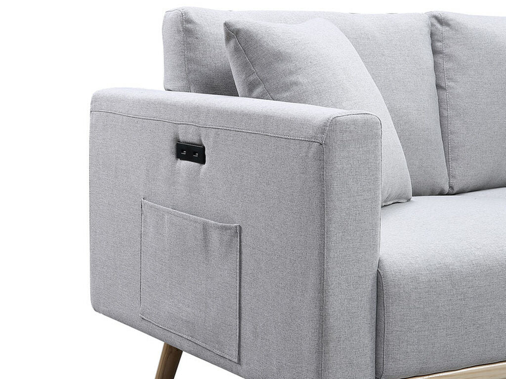 81370LG-S Easton 76"W Light Gray Linen Fabric Sofa with USB Charging Ports Pockets & Pillows