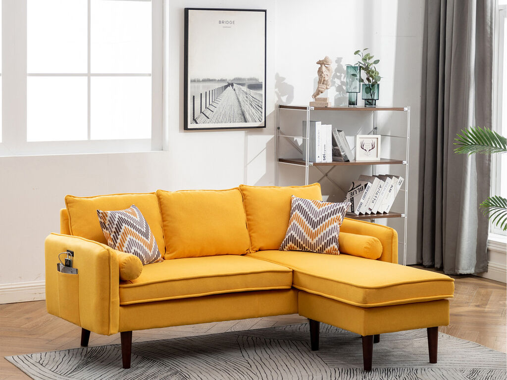 Mia Reversible Sectional with USB Port & Pillows - Yellow