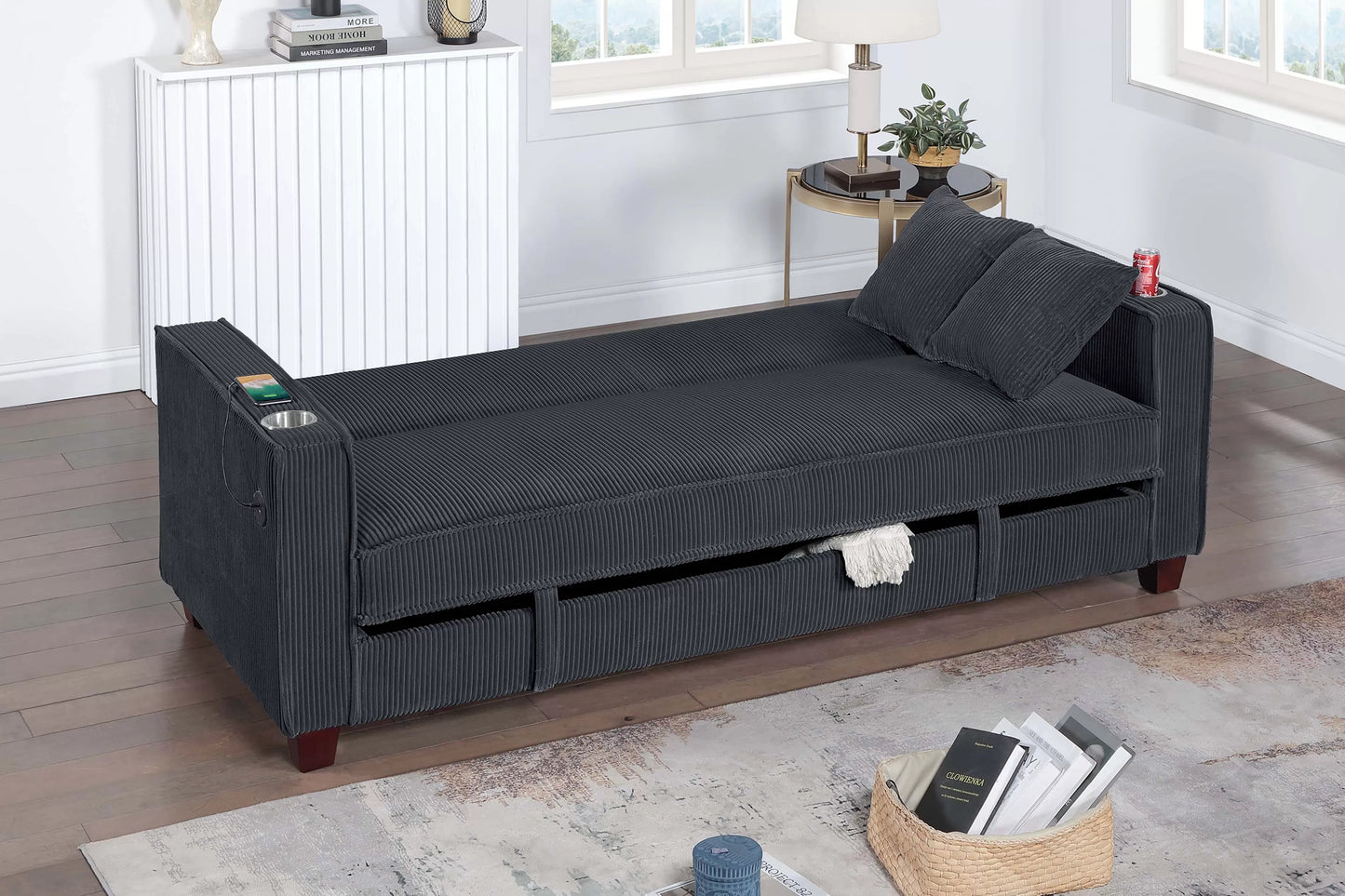 F8570 Convertible Sofa with Hidden Storage + Cup Holder + USB Ports