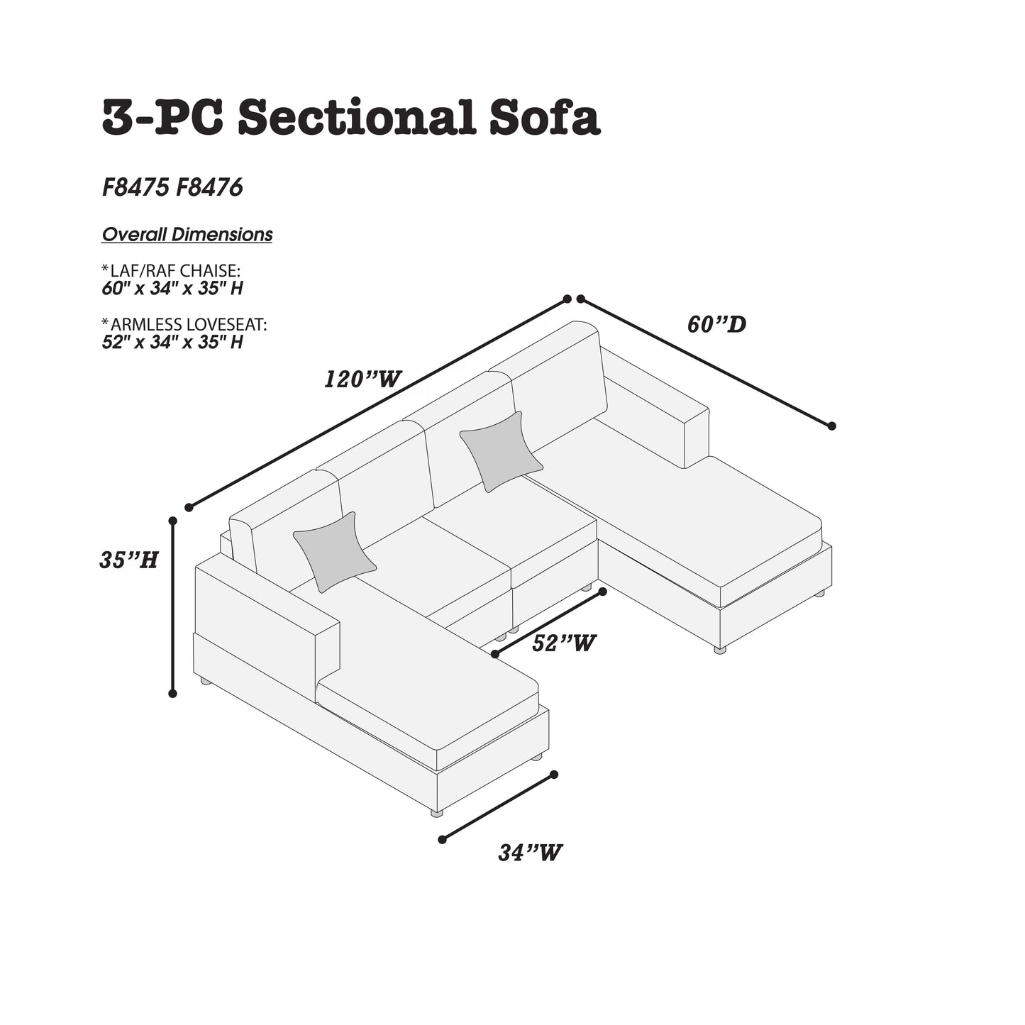 F8407 3-PC Sectional Sofa - Black