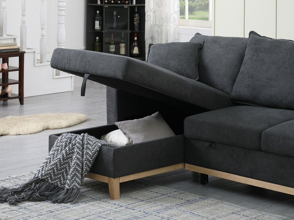 Colton 84.25" Dark Gray Woven Reversible Sleeper Sectional Sofa with Storage Chaise
