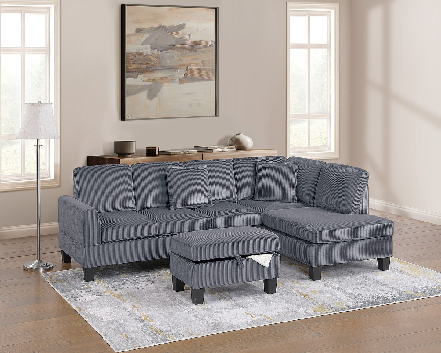 F8473 3-Piece Sectional Set W/ Ottoman- Dark Gray