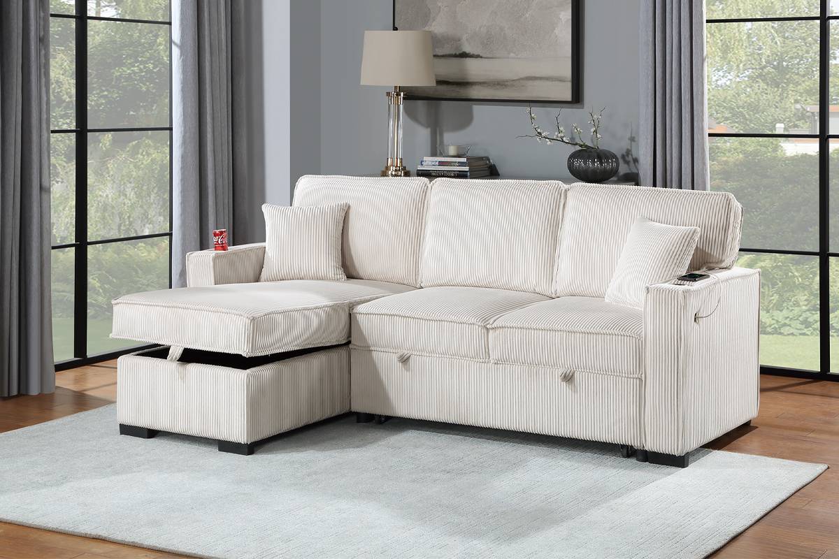 F8544 Covertible Sofa Bed Sectional W/ Cup Holder & Sofa W/ USB Port