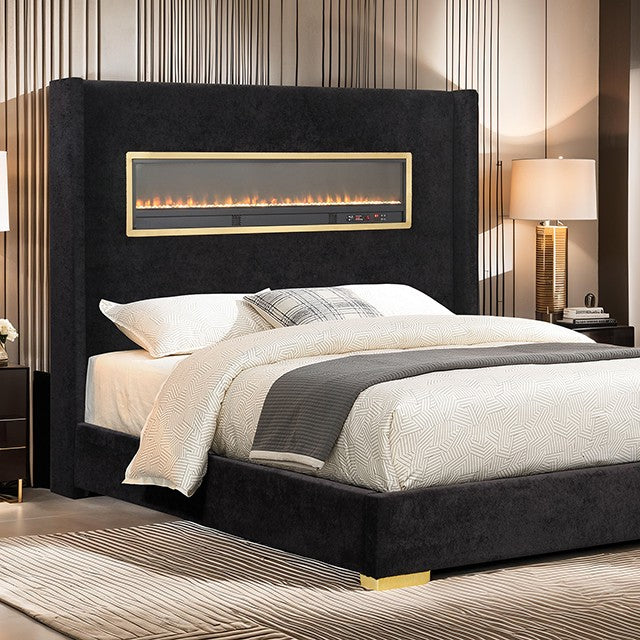 FM74003BK Danvers Queen Bed w/ simulated Fireplace, Bluetooth &USB