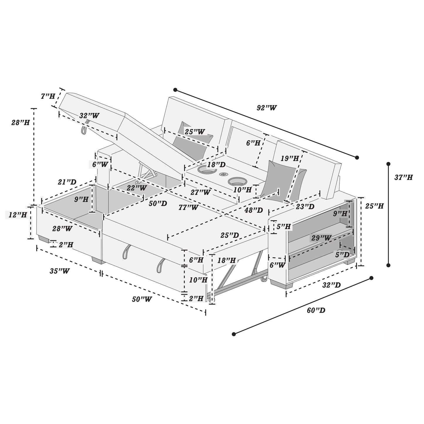 F8554 2-Piece Convertible Sectional Sleeper with Storage,Charging & Built-in Shelf