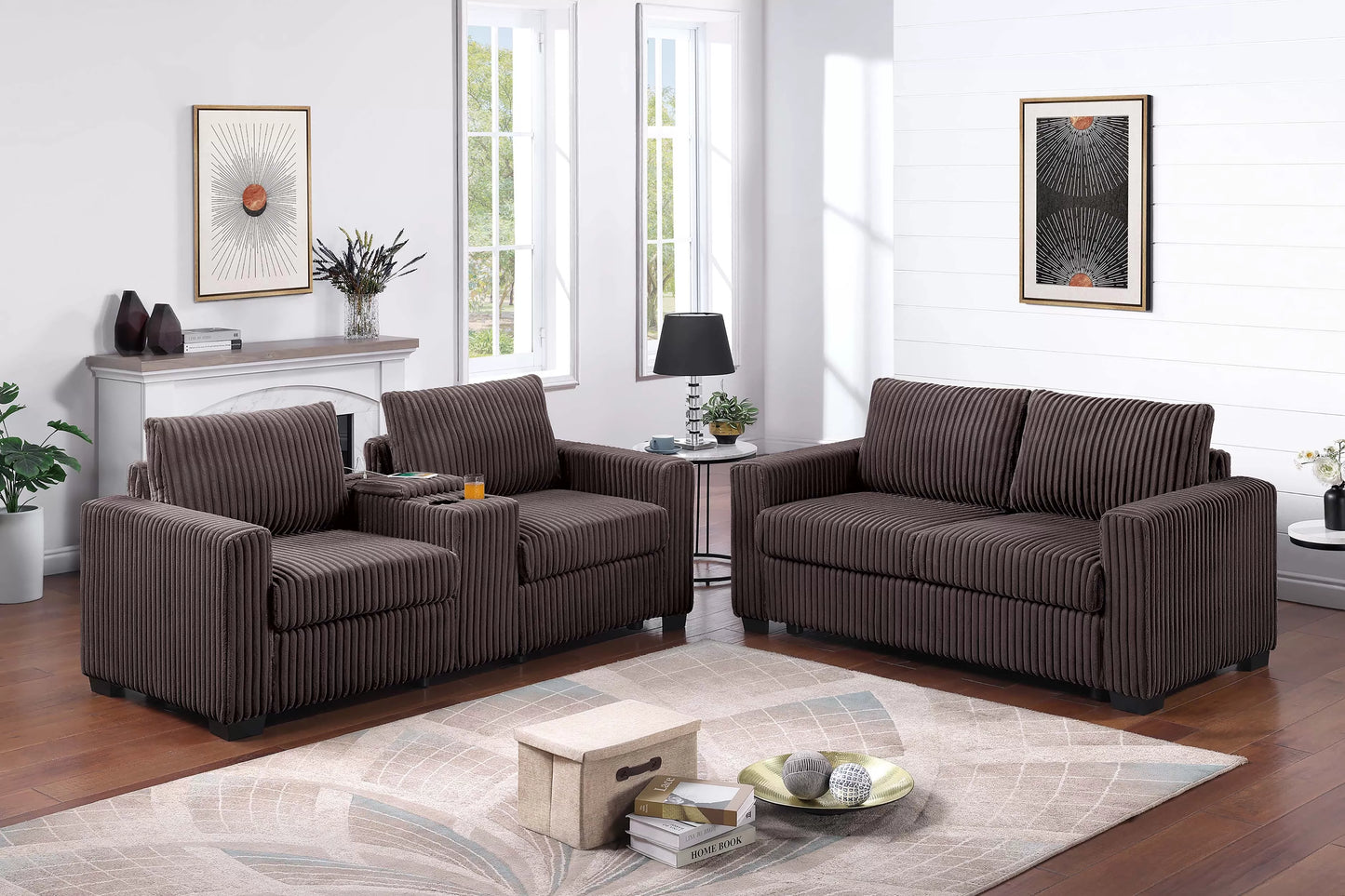 F8348 2pc Sofa + Loveseat with Cup Holders + Console + Charging Station