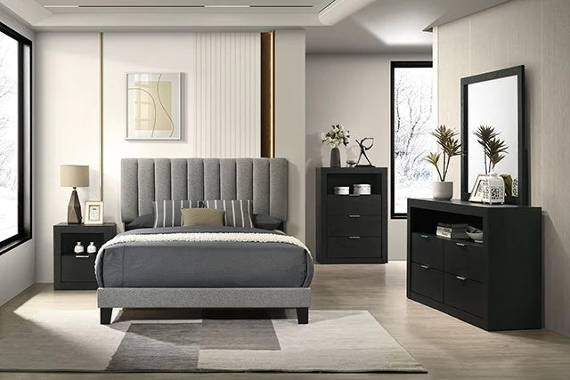 FM72026BK-4PC 4 pc Altimari grey fabric black finish wood channeled padded queen bedroom set