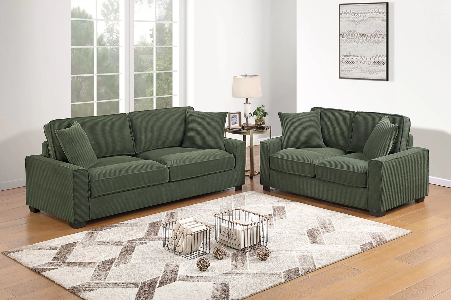 F8393 2-Piece Sofa Set 2 Seat Sofa & Loveseat - Forest Green