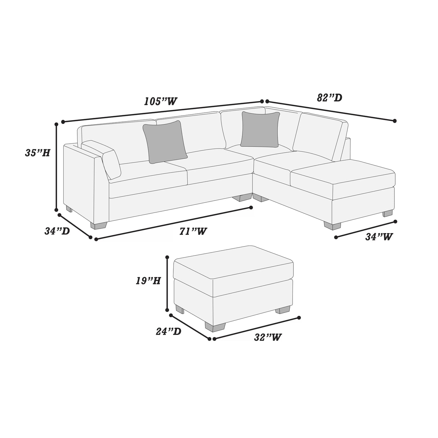 F8478 3-Piece Reversible Sectional Set W/ Ottoman