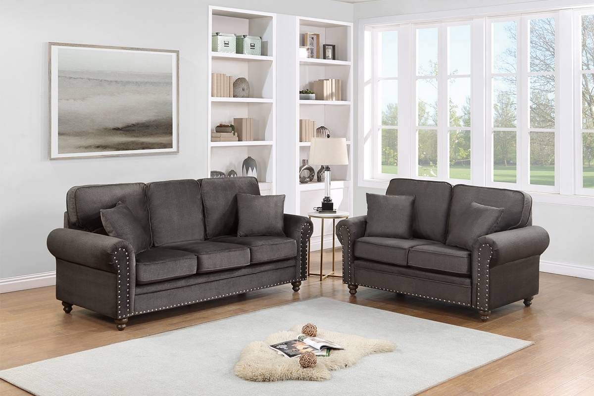 F8439 2Pc Sofa and Loveseat Set- Dark Coffee