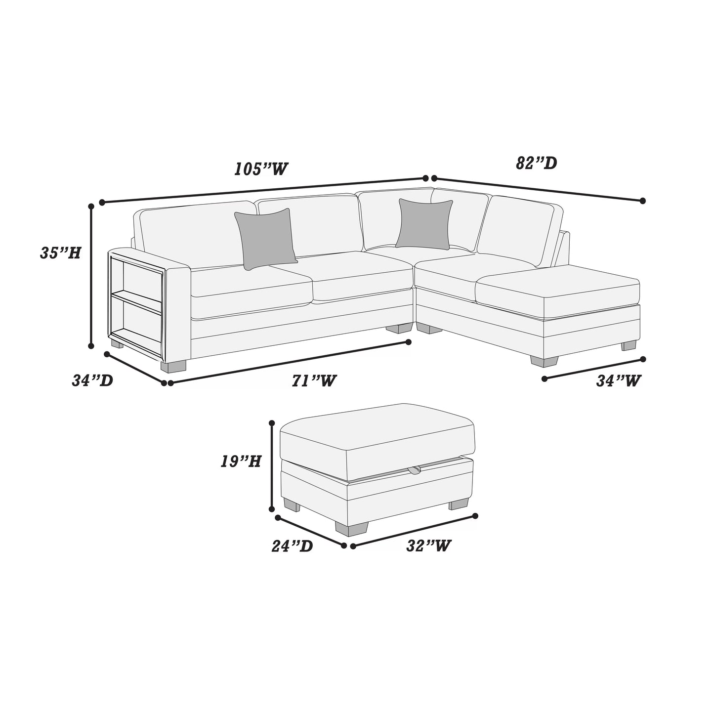 F8487 3-Piece Reversible Sectional Set W/ Storage Ottoman- Grey