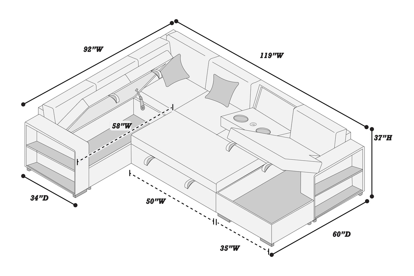 F8562 4pc Sectional Sleeper with Fold Down Table &Storage Chaise