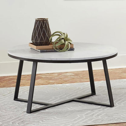 723238  Hugo Round Faux Marble Coffee Table White and Matte Black