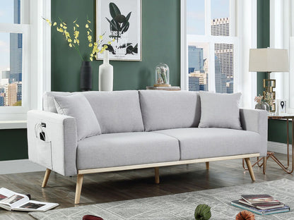 81370LG-S Easton 76"W Light Gray Linen Fabric Sofa with USB Charging Ports Pockets & Pillows