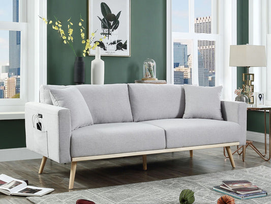 81370LG-S Easton 76"W Light Gray Linen Fabric Sofa with USB Charging Ports Pockets & Pillows