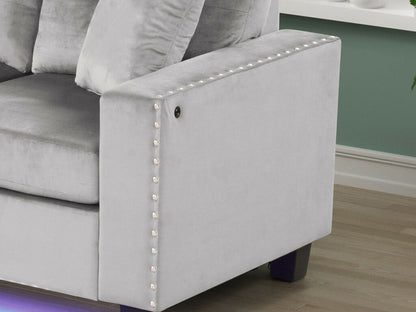 89342 Sorenza 74"W Gray Velvet Reversible Sectional Sofa Chaise with LED Light,USB Port & Pillows