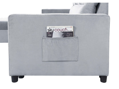 89331LG Ivy 81.5"W Light Gray Velvet Reversible Sleeper Sectional Sofa with Storage Chaise