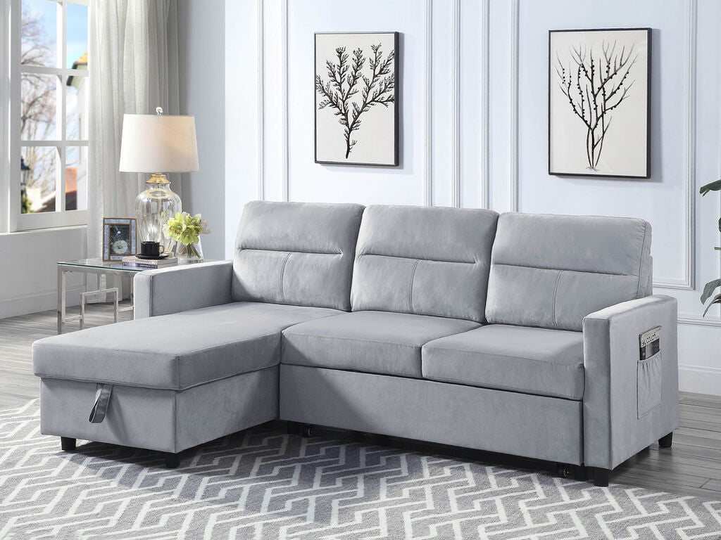 89331LG Ivy 81.5"W Light Gray Velvet Reversible Sleeper Sectional Sofa with Storage Chaise