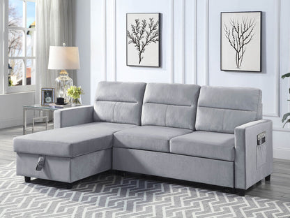89331LG Ivy 81.5"W Light Gray Velvet Reversible Sleeper Sectional Sofa with Storage Chaise