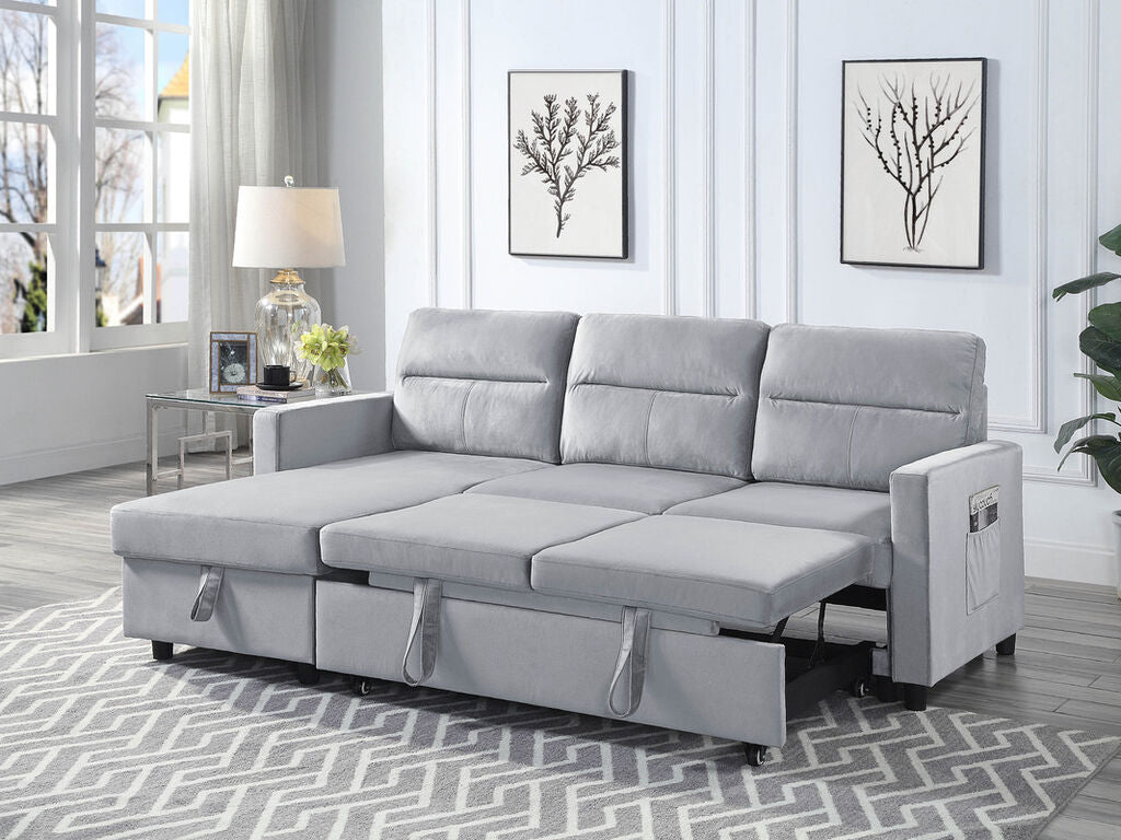 89331LG Ivy 81.5"W Light Gray Velvet Reversible Sleeper Sectional Sofa with Storage Chaise