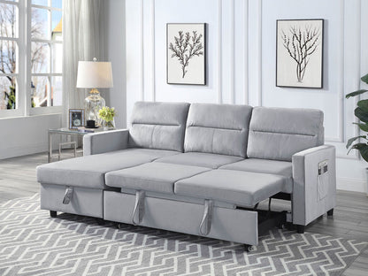 89331LG Ivy 81.5"W Light Gray Velvet Reversible Sleeper Sectional Sofa with Storage Chaise