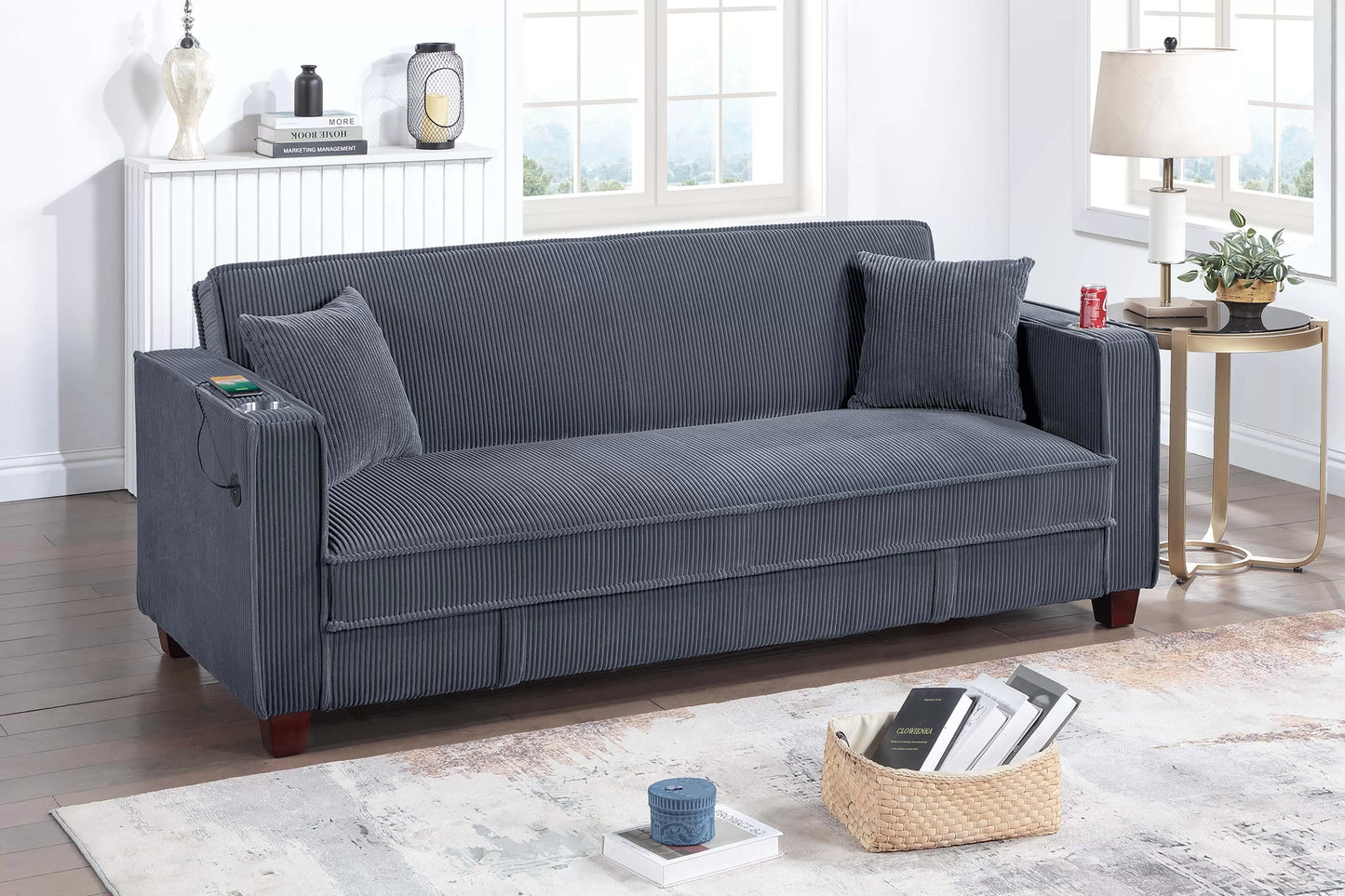 F8571  Convertible Sofa with Hidden Storage + Cup Holder + USB Ports