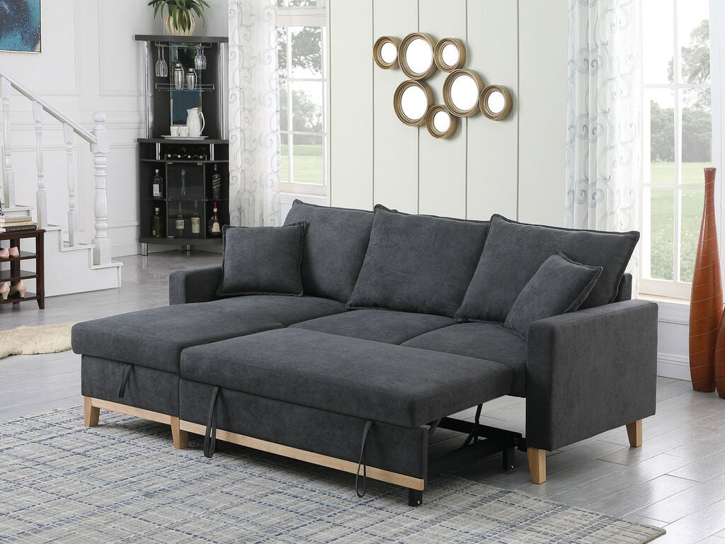 Colton 84.25" Dark Gray Woven Reversible Sleeper Sectional Sofa with Storage Chaise