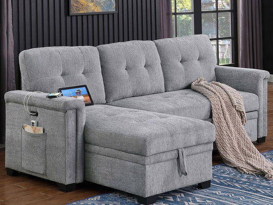 Ashlyn Reversible Sleeper Sectional Sofa with Storage Chaise, Charging Ports, Side Pockets