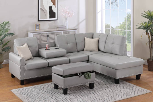 Nassau 3pc Sectional Sofa W/ Storage Ottoman-Light Grey