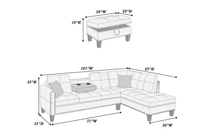 Nassau 3pc Sectional Sofa W/ Storage Ottoman-Light Grey