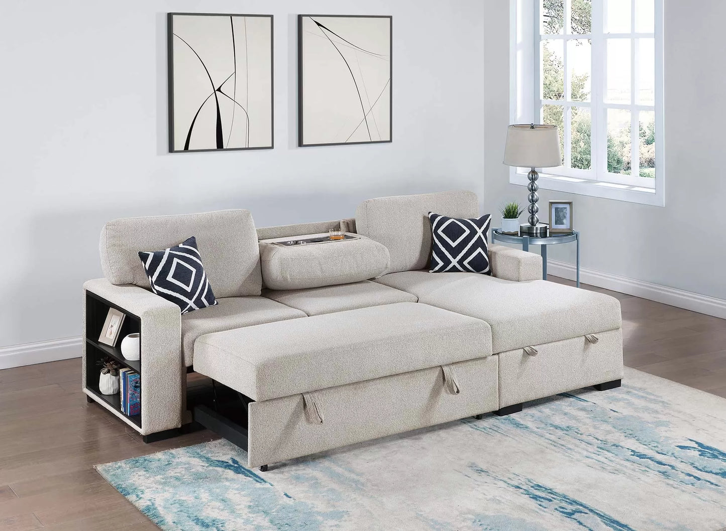 F8554  2-Piece Convertible Sectional Sleeper with Storage,Charging & Built-in Shelf