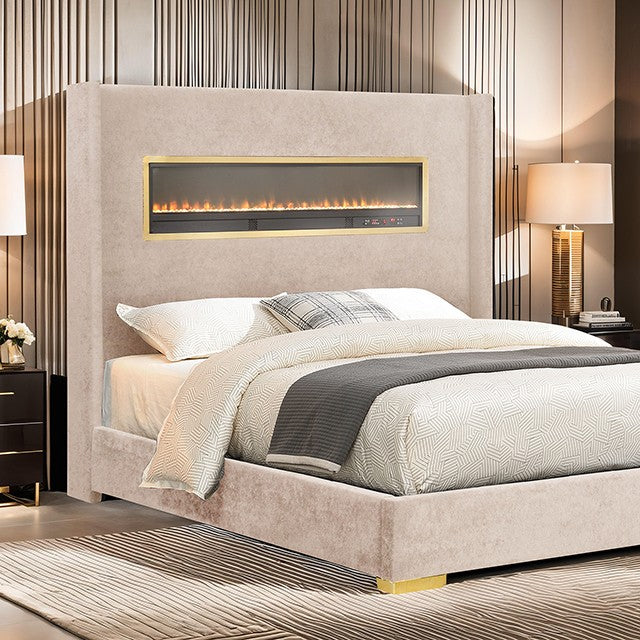 FM74003BG Danvers Queen Bed w/ simulated fireplace , Bluetooth & USB