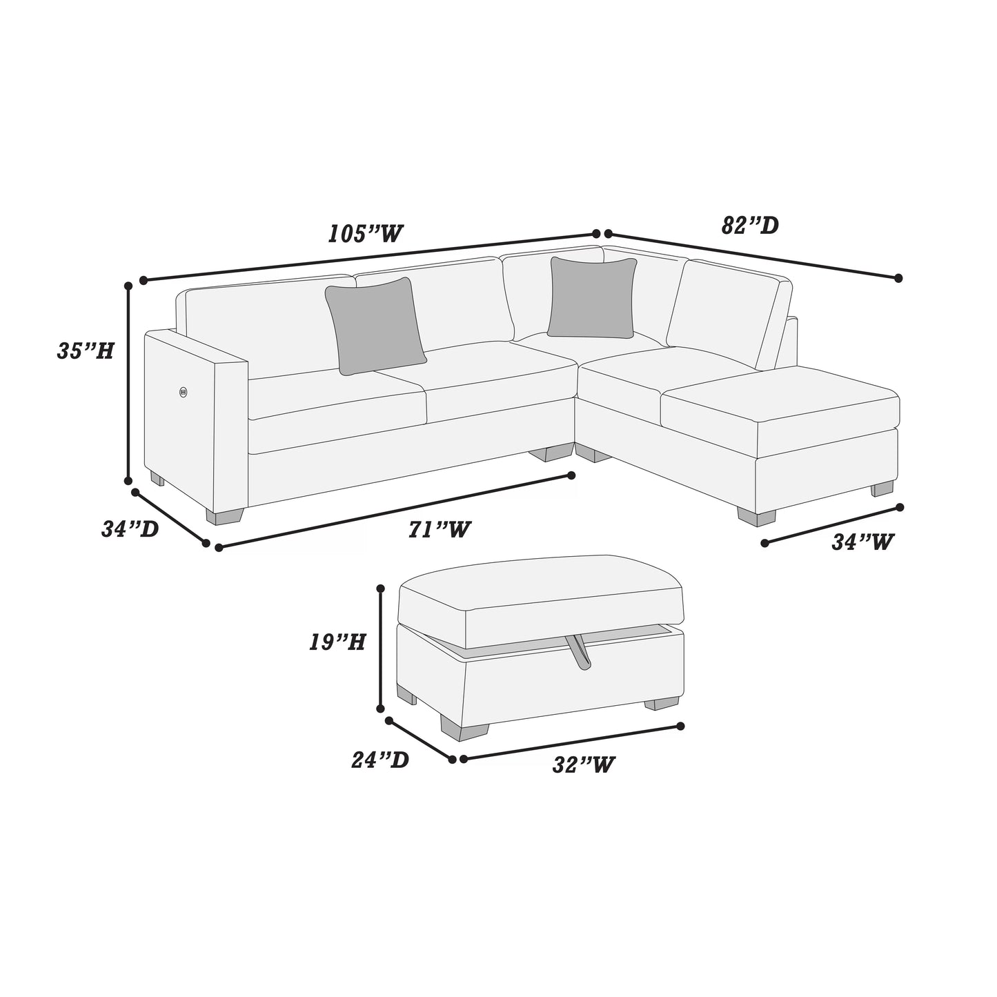 F8482 3-Piece Reversible Sectional Set W/ Storage Ottoman & USB