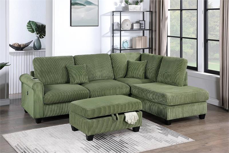 F8454  Sectional Set W/ USB Port + Storage Ottoman - Sage