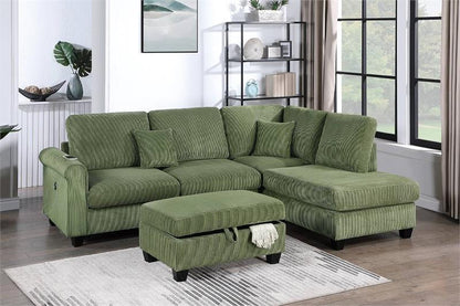 F8454  Sectional Set W/ USB Port + Storage Ottoman - Sage
