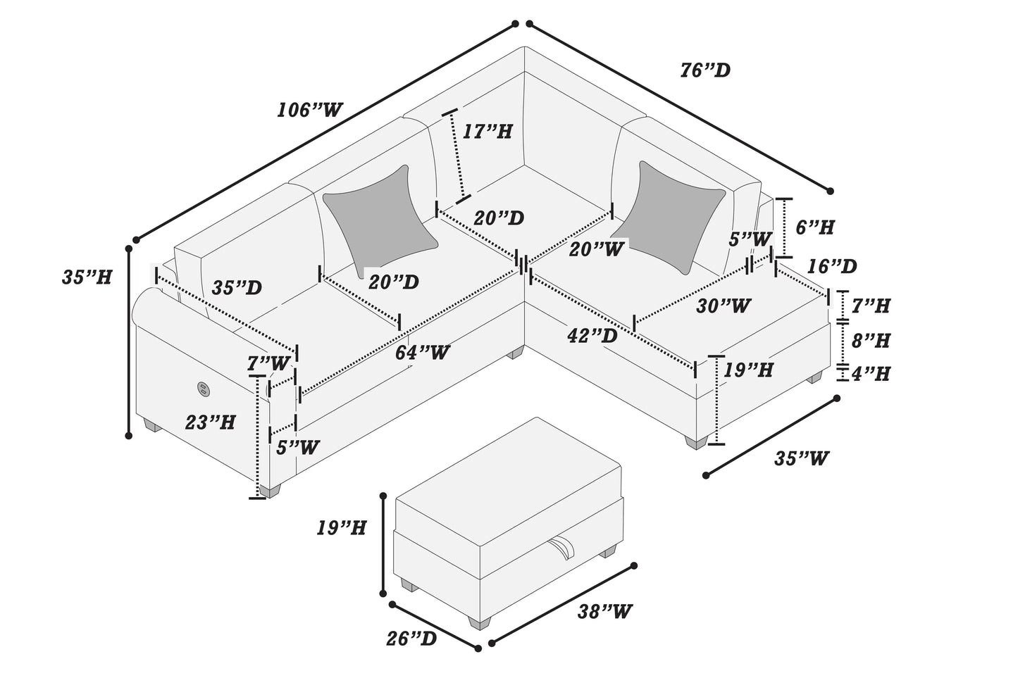 F8300 3pc Sectional with Storage Ottoman & USB Ports - Black