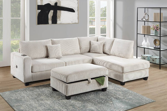 F8452 3-Piece Sectional W/ USB Port + Storage Ottoman