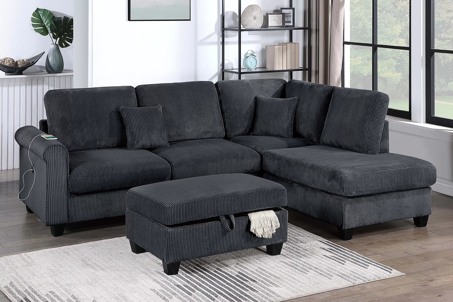 F8300 3pc Sectional with Storage Ottoman & USB Ports - Black