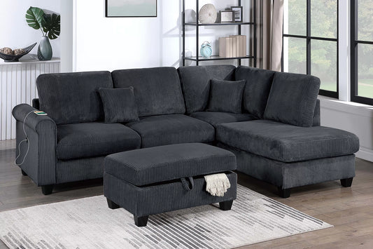 F8300 3pc Sectional with Storage Ottoman & USB Ports - Black