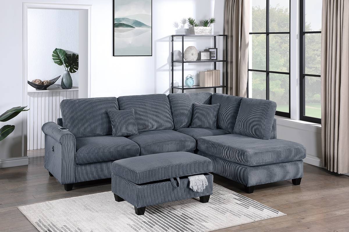 F8453 3-Piece Sectional W/USB Port + Storage Ottoman