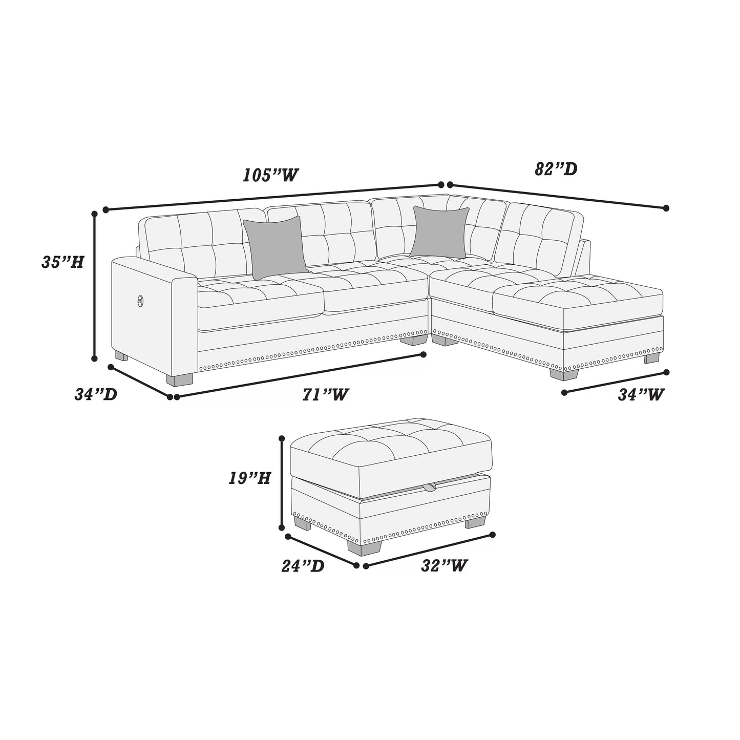 F8486 3pc Sectional Reversible Chaise + W/USB + Storage Ottoman