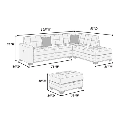 F8486 3pc Sectional Reversible Chaise + W/USB + Storage Ottoman