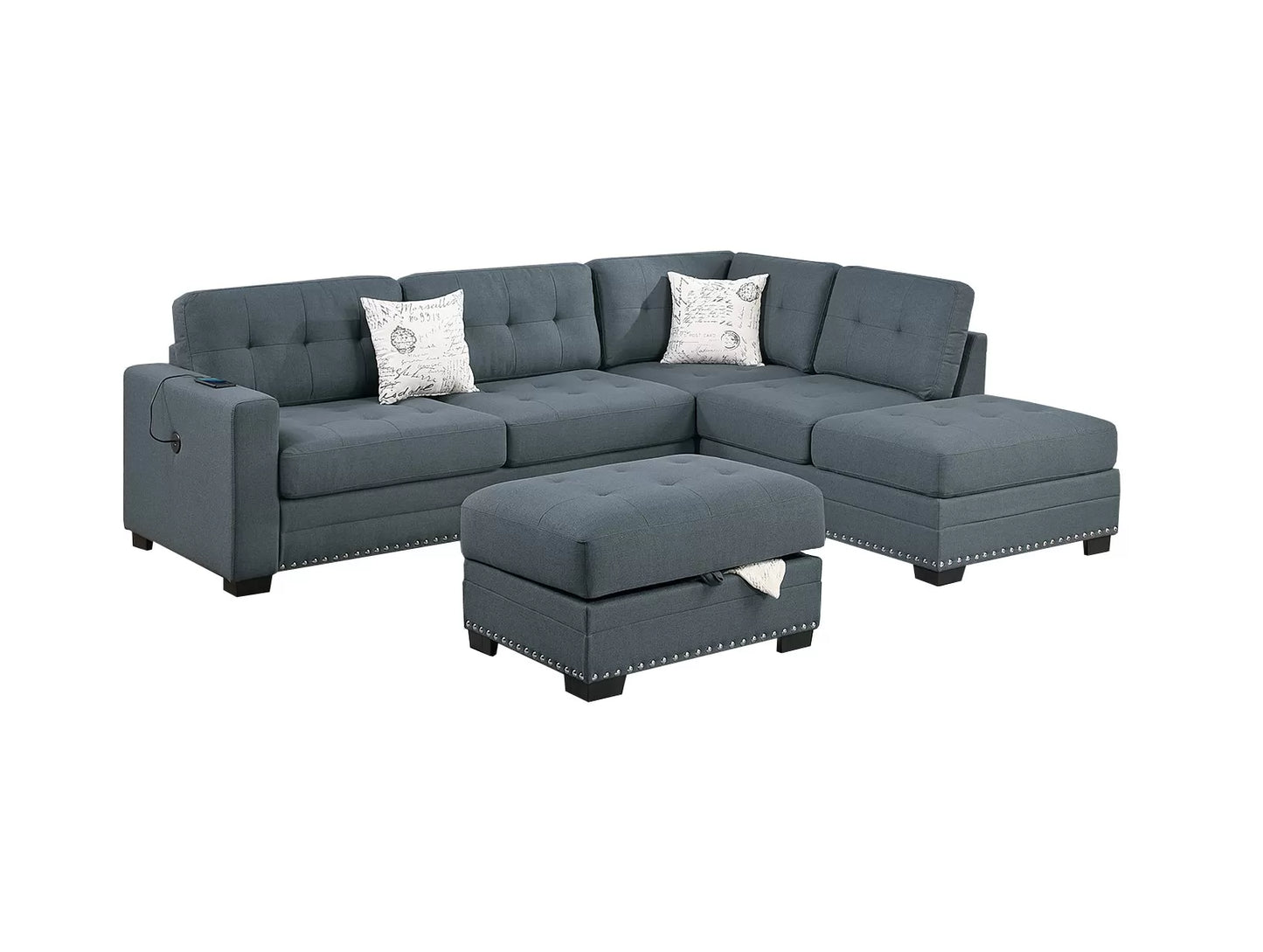 F8485 3-Piece Reversible Sectional Set W/ Storage Ottoman & USB