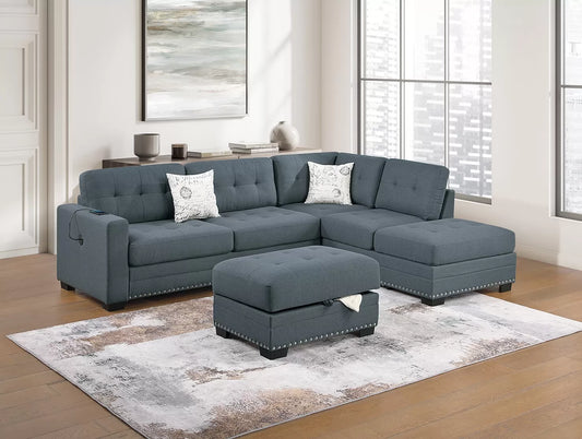 F8485 3-Piece Reversible Sectional Set W/ Storage Ottoman & USB