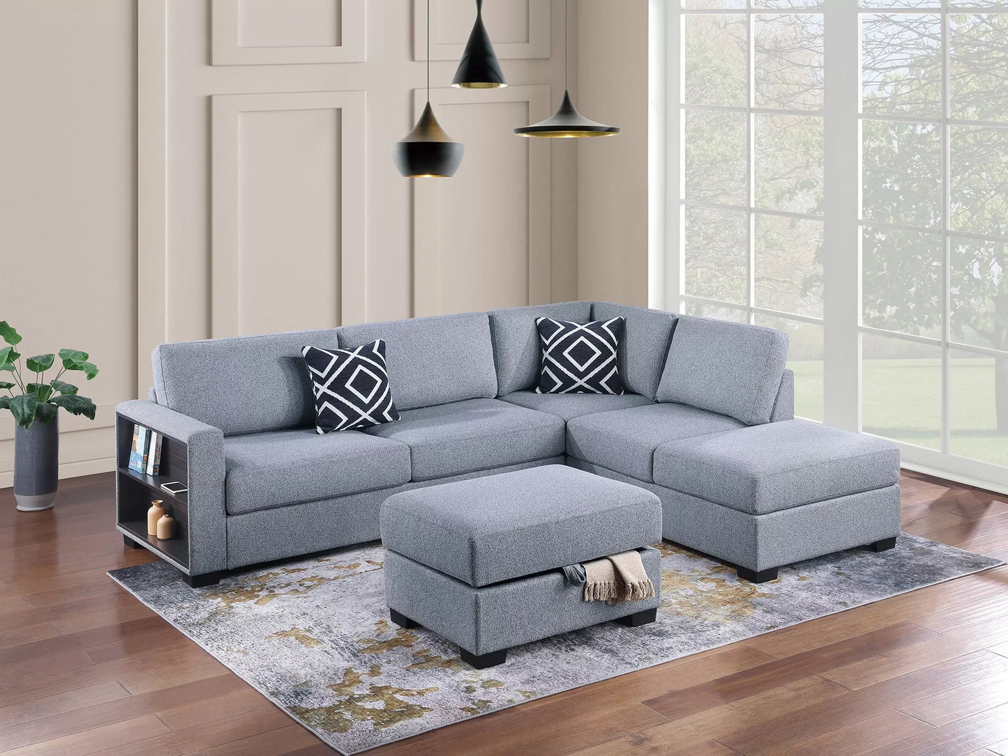 F8487 3-Piece Reversible Sectional Set W/  Storage Ottoman- Grey