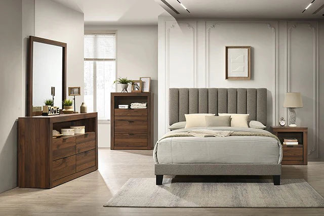 FM72026WN-4PC 4 pc  Queen Altimari brown fabric walnut finish wood channeled padded queen bedroom set