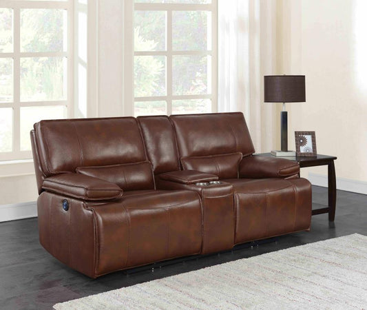 Southwick Pillow Top Arm Power Loveseat with Console Saddle Brow
