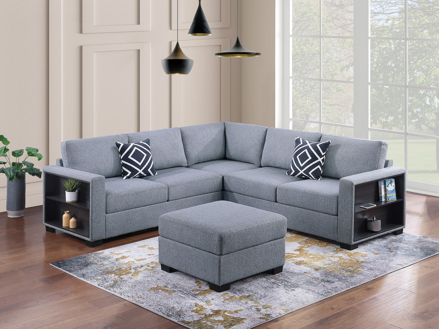 F8495 4pc Sectional W/ Built-In Shelf & Cocktail Ottoman