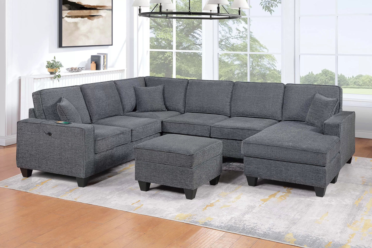 F8374 5-Pc Sectional with USB Ports - Gray Chenille