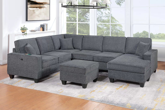 F8374 5-Pc Sectional with USB Ports - Gray Chenille